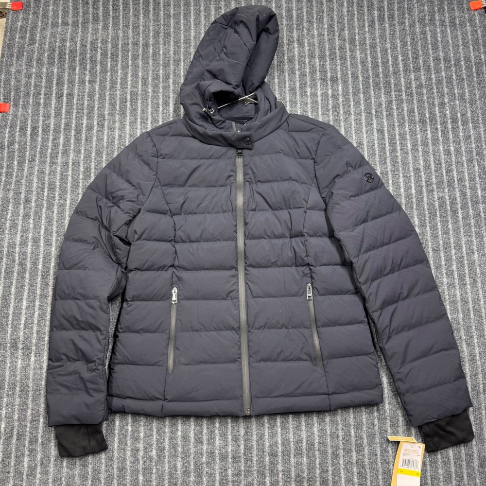 Michael Michael Kors Womens Puffer Jacket M Navy Blue Hooded Down Blend Quilted